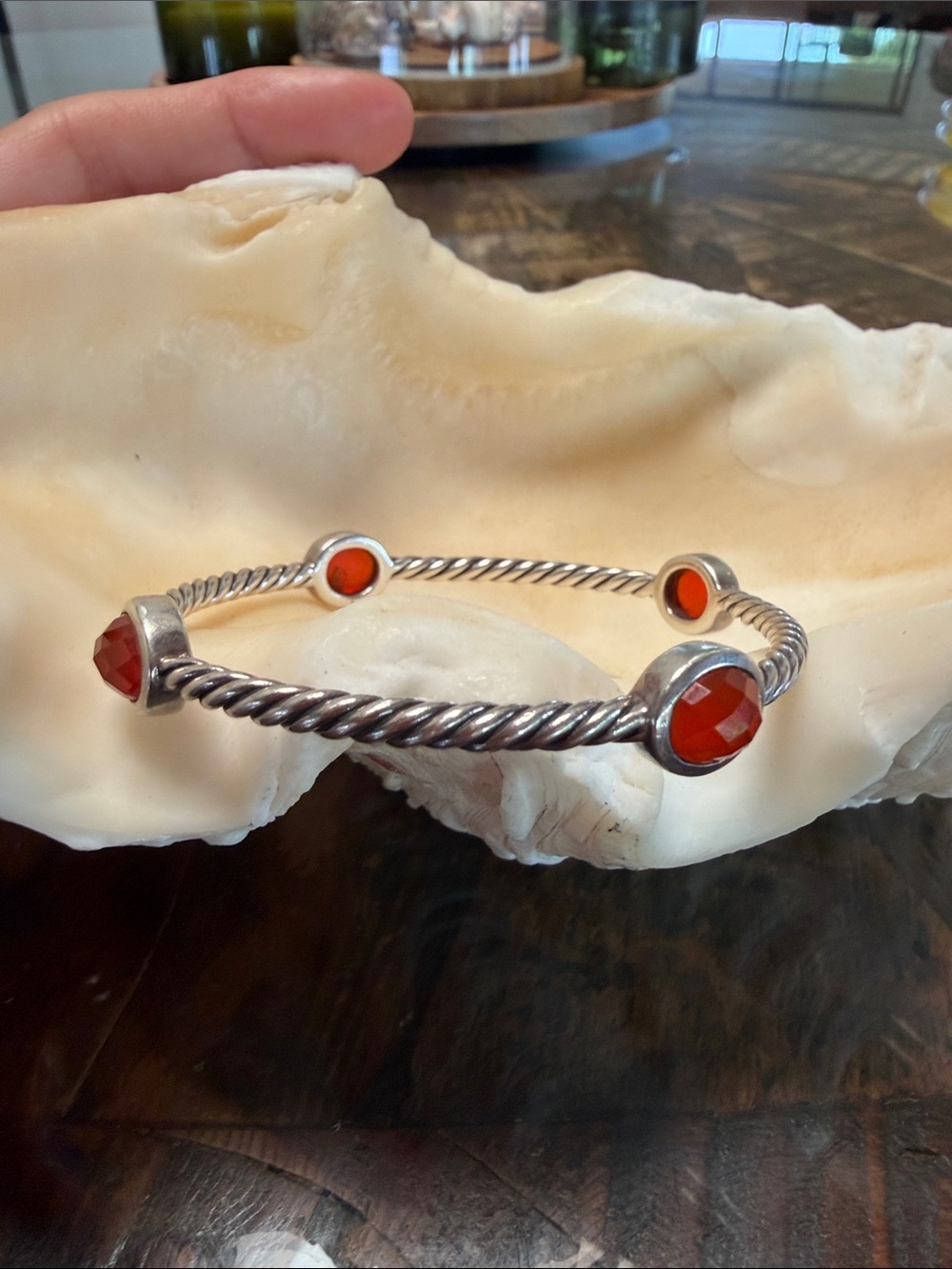 David yurman sterling silver cable Bangle Bracelet with Red Stone Accents